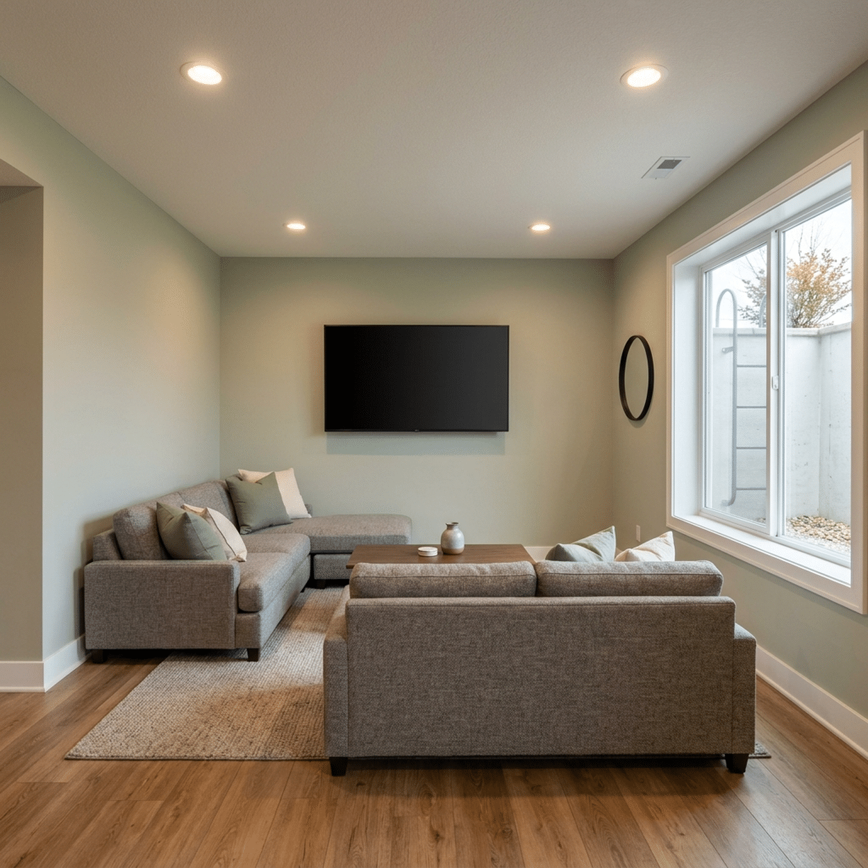 Finished basement family room with luxury vinyl plank floor, sectional sofa and egress window in a Central Iowa home, basement finishing project