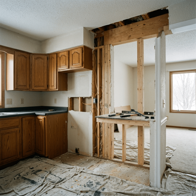 1990s two-story kitchen mid-remodel with the family room wall opened and a new flush beam being set