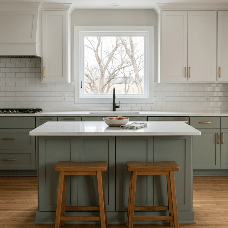 Finished mid-range kitchen remodel in a Central Iowa home with sage green lower cabinets, white uppers and quartz counters