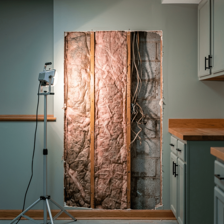 Finished basement wall opened to reveal damp fiberglass insulation against concrete block and old wiring