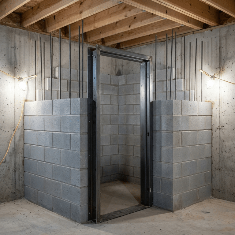 Reinforced concrete block safe room under construction in the corner of an unfinished basement