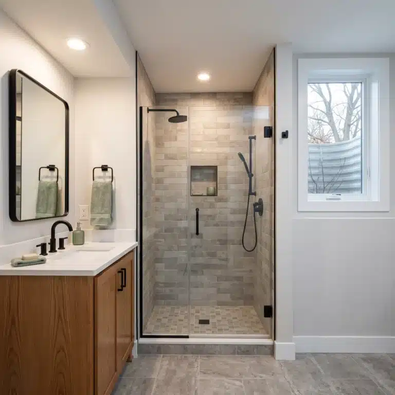 Finished basement bathroom with a walk-in shower and vanity