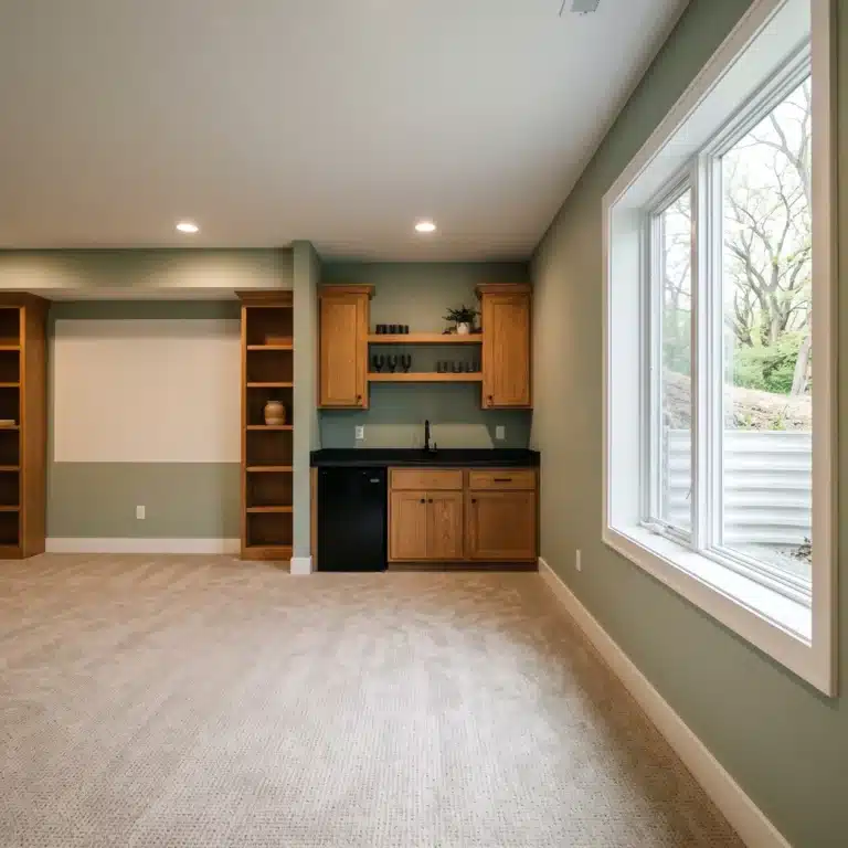 Newly finished basement family room with recessed lights and a wet bar